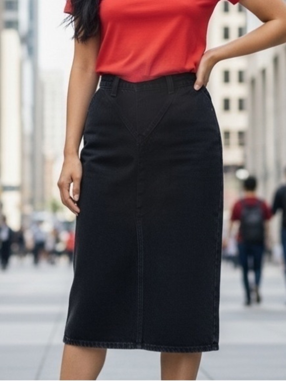 VTG Black Denim Straight Midi Skirt, V Front, 2 side pockets, Long Kick Pleat.